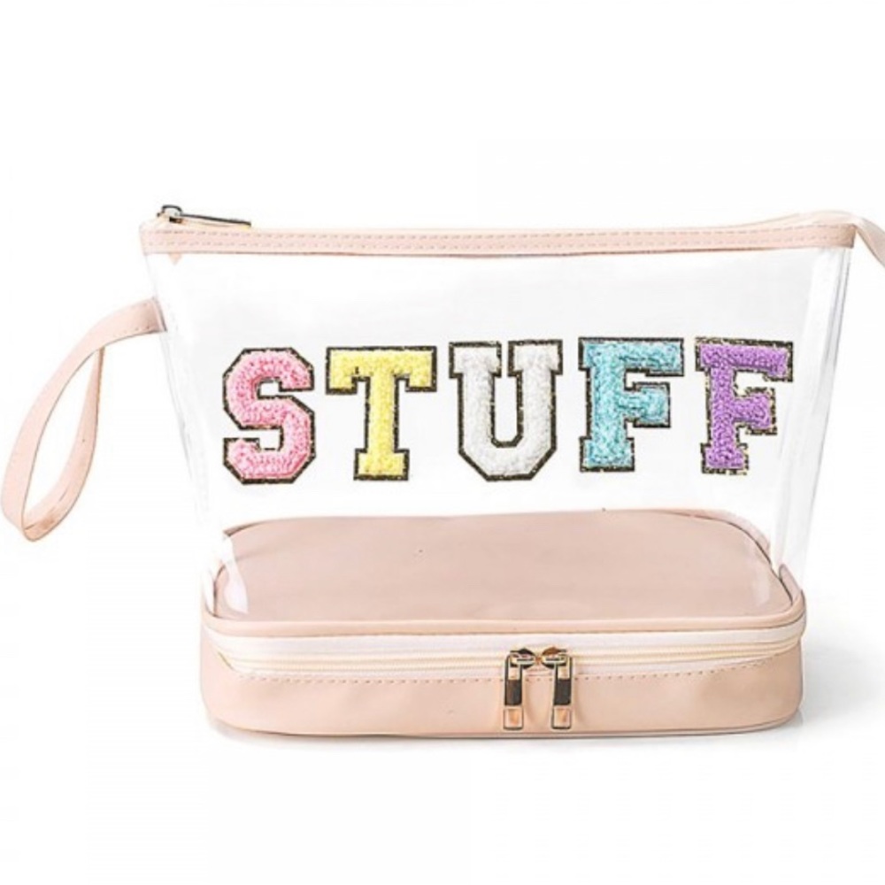 Clear 'Stuff' Chenille Patch Double Layer Makeup Bag preppy